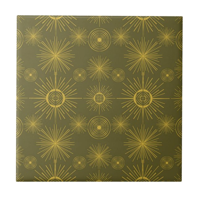 Boho Celestial Sun Stars Green Pattern Ceramic Tile (Front)