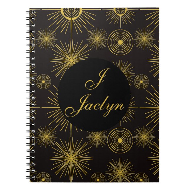 Boho Celestial Sun Stars Personalised Black Notebook (Front)