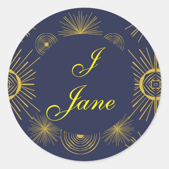 Boho Celestial Sun Stars Personalised Blue Classic Round Sticker (Front)