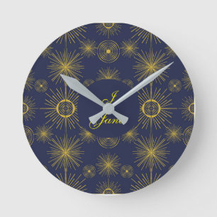 Boho Celestial Sun Stars Personalised Blue Round Clock