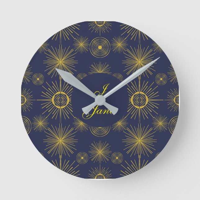 Boho Celestial Sun Stars Personalised Blue Round Clock (Front)