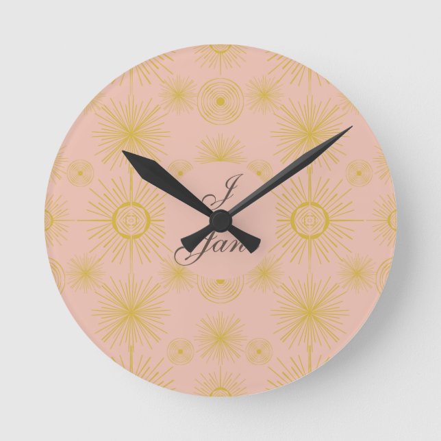 Boho Celestial Sun Stars Personalised Pink  Round Clock (Front)