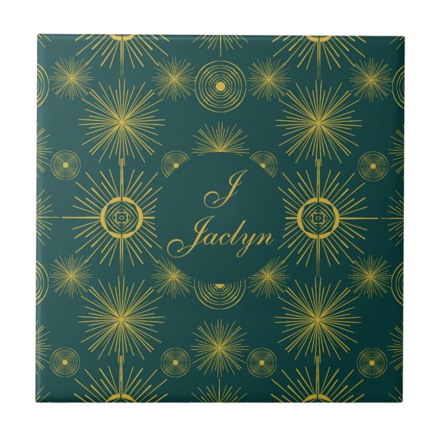 Boho Celestial Sun Stars Personalised Teal  Ceramic Tile (Front)