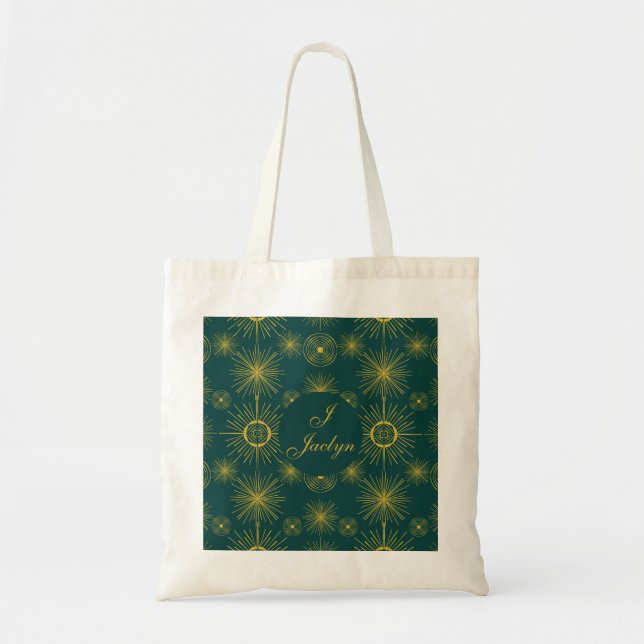 Boho Celestial Sun Stars Personalised Teal  Tote Bag (Front)