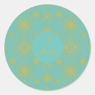 Boho Celestial Sun Stars Personalised Turquoise Classic Round Sticker