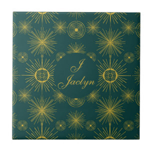 Boho Celestial Sun Stars Personalized Teal  Ceramic Tile
