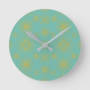 Boho Celestial Sun Stars Turquoise Pattern Round Clock