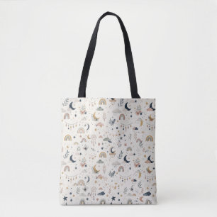 Boho Celestial Tote Bag Neutral Moon and Stars