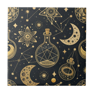 Boho Celestial with Gold Alchemy Symbols Ceramic Tile