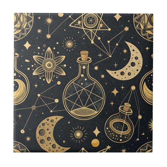 Boho Celestial with Gold Alchemy Symbols Ceramic Tile (Front)