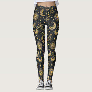 Boho Celestial with Gold Alchemy Symbols Leggings