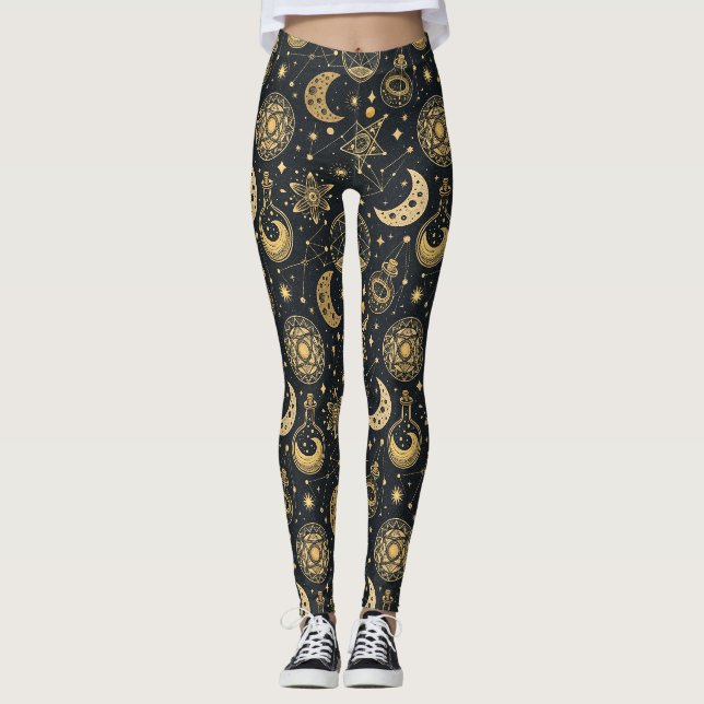 Boho Celestial with Gold Alchemy Symbols Leggings (Front)