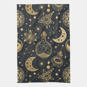 Boho Celestial with Gold Alchemy Symbols Tea Towel