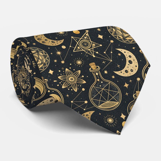 Boho Celestial with Gold Alchemy Symbols Tie (Rolled)