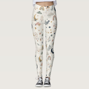 Boho Celestial Women  Neutral Moon Stars Leggings