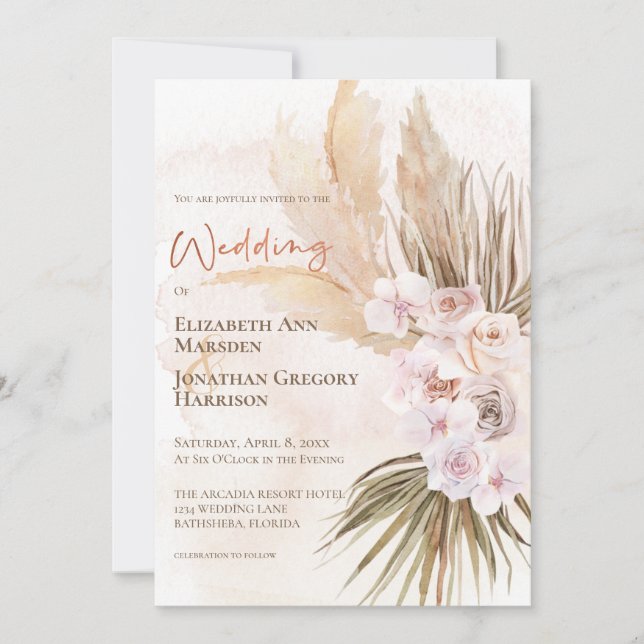 Boho Champagne Blush Terracotta Pampas Floral Invitation (Front)