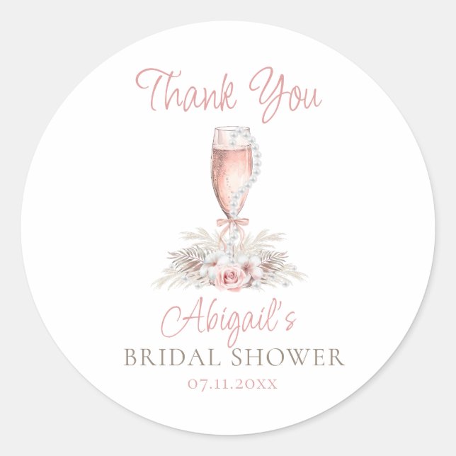 Boho Champagne Glass Pearls&Prosecco Bridal Shower Classic Round Sticker (Front)