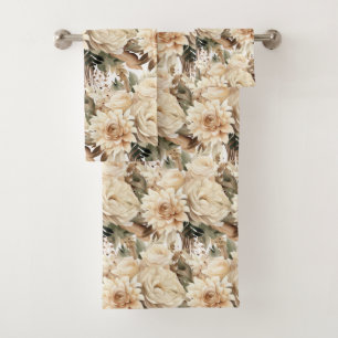 Boho Champagne Gold Ivory Cream Beige Tan Floral Bath Towel Set