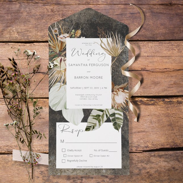 Boho Charcoal Black Floral Grass Dinner All In One Invitation (Creator Uploaded)