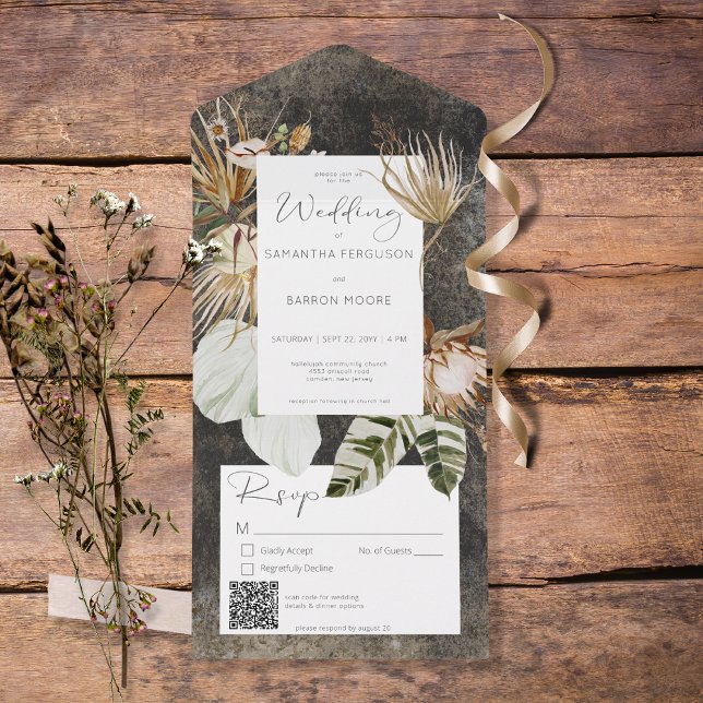Boho Charcoal Black Floral Grass QR Code All In One Invitation (Creator Uploaded)