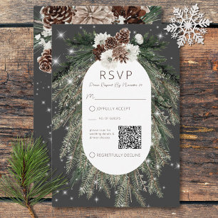 Boho Charcoal Pine Winter Sparkle QR Code RSVP Card
