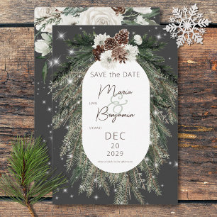 Boho Charcoal Pine Winter Sparkle Wedding Save The Date