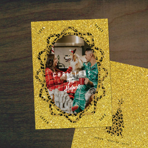 Boho Cheetah & Glitter Oval Photo Christmas Holiday Card