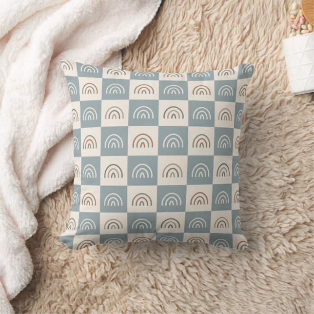 Boho Chequered Rainbow Minimalist Pattern Cushion (Blanket)