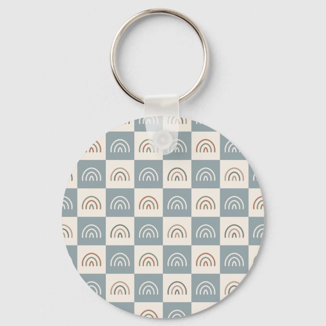 Boho Chequered Rainbow Minimalist Pattern Key Ring (Front)