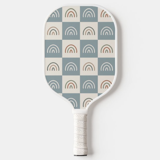 Boho Chequered Rainbow Minimalist Pattern Pickleball Paddle (Front)