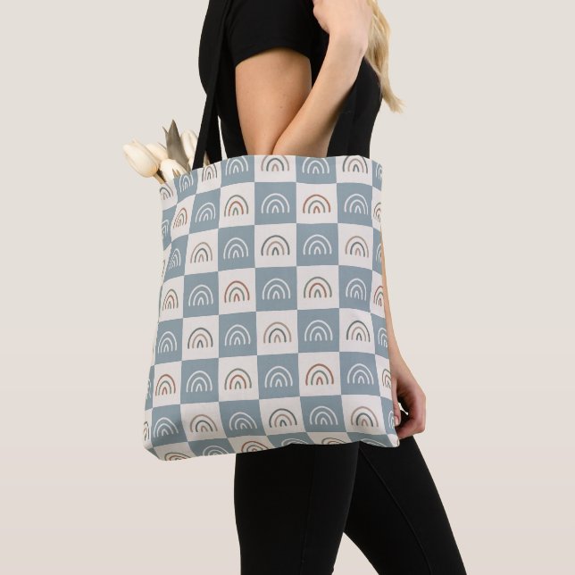 Boho Chequered Rainbow Minimalist Pattern Tote Bag (Close Up)
