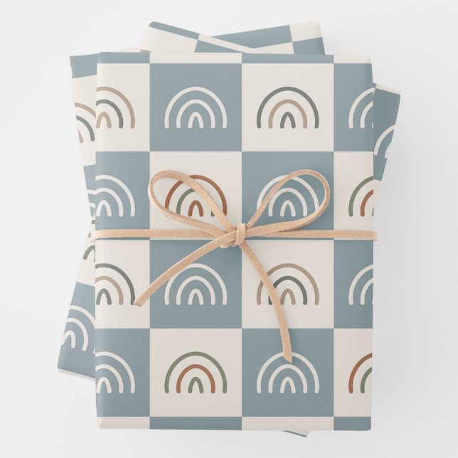 Boho Chequered Rainbow Minimalist Pattern Wrapping Paper Sheet (In situ)