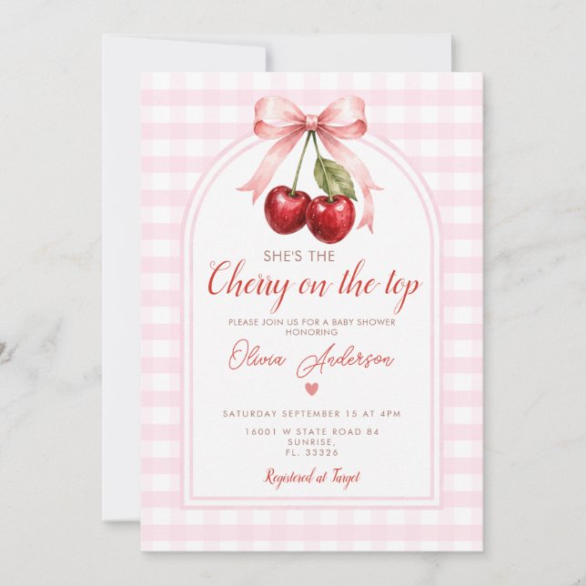 Boho Cherry on Top Baby Shower Pink Bow Gingham Invitation (Front)
