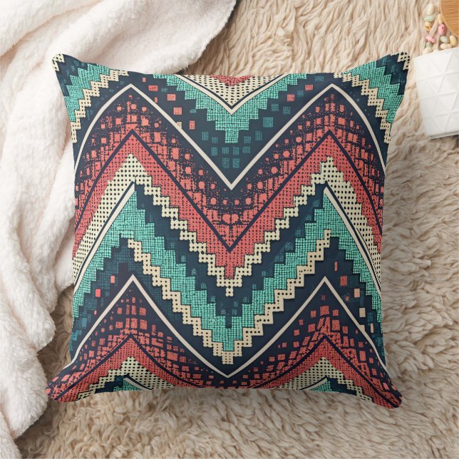 Boho Chevron Pattern | Teal, Coral & Cream Zigzag  Cushion (Blanket)