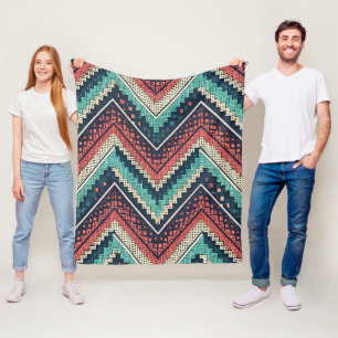 Boho Chevron Pattern Teal, Coral & Cream Zigzag Fleece Blanket