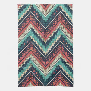 Boho Chevron Pattern   Teal, Coral & Cream Zigzag  Tea Towel