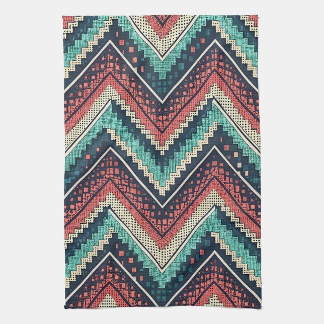 Boho Chevron Pattern | Teal, Coral & Cream Zigzag  Tea Towel (Vertical)
