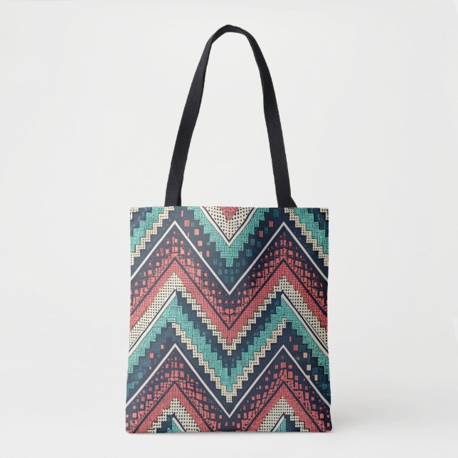 Boho Chevron Pattern | Teal, Coral & Cream Zigzag  Tote Bag (Front)