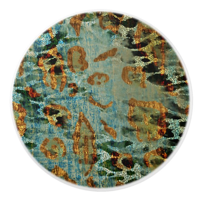 Boho Chic Animal Print Blue and Gold Pattern Ceramic Knob (Front)
