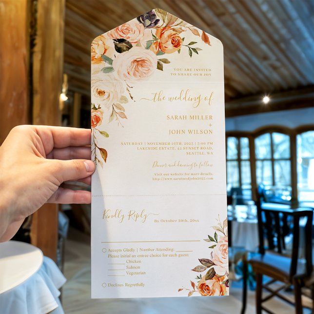 Boho Chic Autumn Gold Leaves Floral Wedding All In One Invitation (Creator Uploaded)