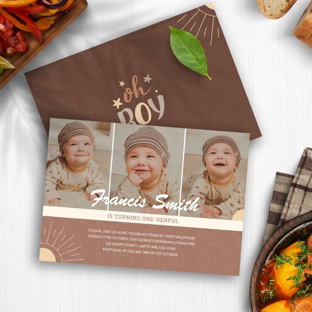 Boho Chic Baby Boy Onederful 1st Birthday Photo Invitation (Cute Boho Chic Baby Boy Onederful 1st Birthday Invitation)