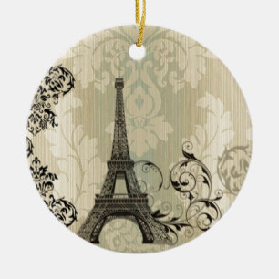 Boho Chic beige Damask Paris Eiffel Tower Ceramic Tree Decoration