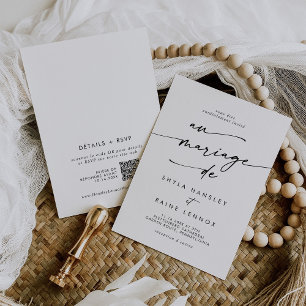 Boho Chic Black and White QR Code French Wedding Invitation