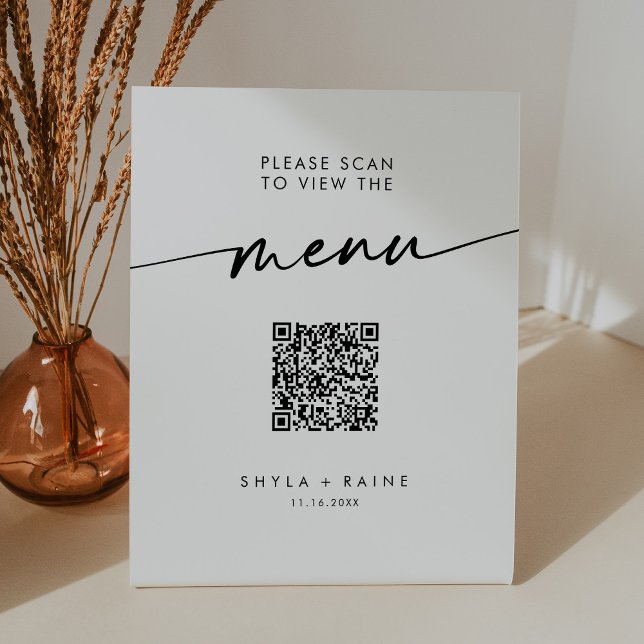 Boho Chic Black and White QR Code Wedding Menu Pedestal Sign (Creator Uploaded)