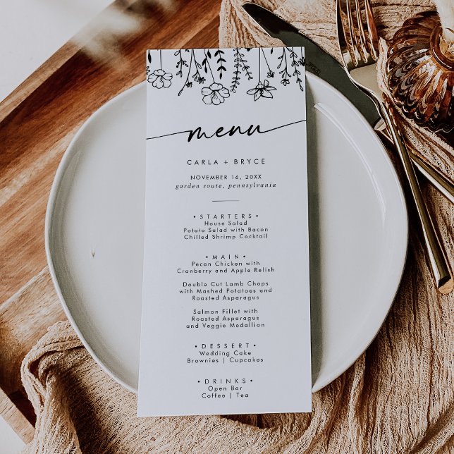 Boho Chic Black and White Wildflower Wedding Menu (Creator Uploaded)