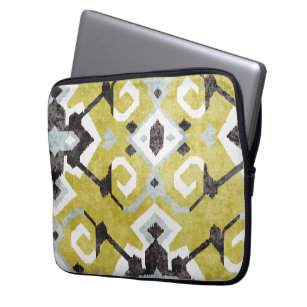 Boho chic black and yellow ikat tribal pattern laptop sleeve