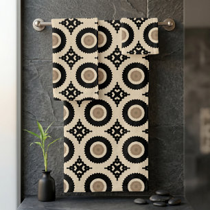 Boho Chic Black Beige Geometric Medallion Pattern Bath Towel Set