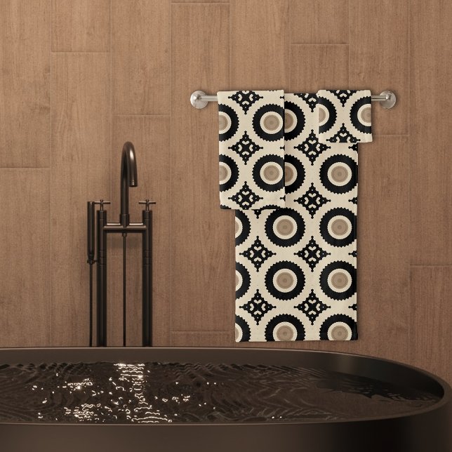 Boho Chic Black & Beige Geometric Pattern Bath Towel Set (Creator Uploaded)
