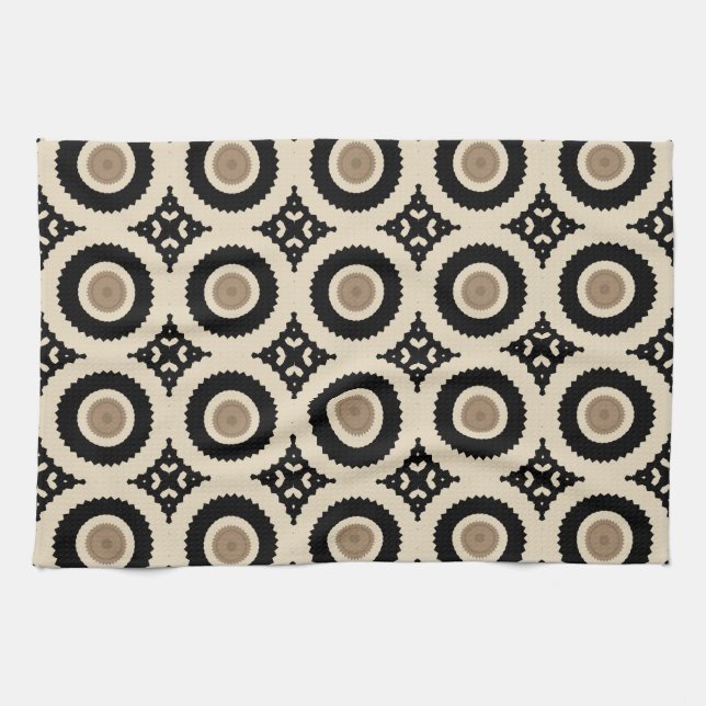 Boho Chic Black & Beige Geometric Pattern Tea Towel (Horizontal)