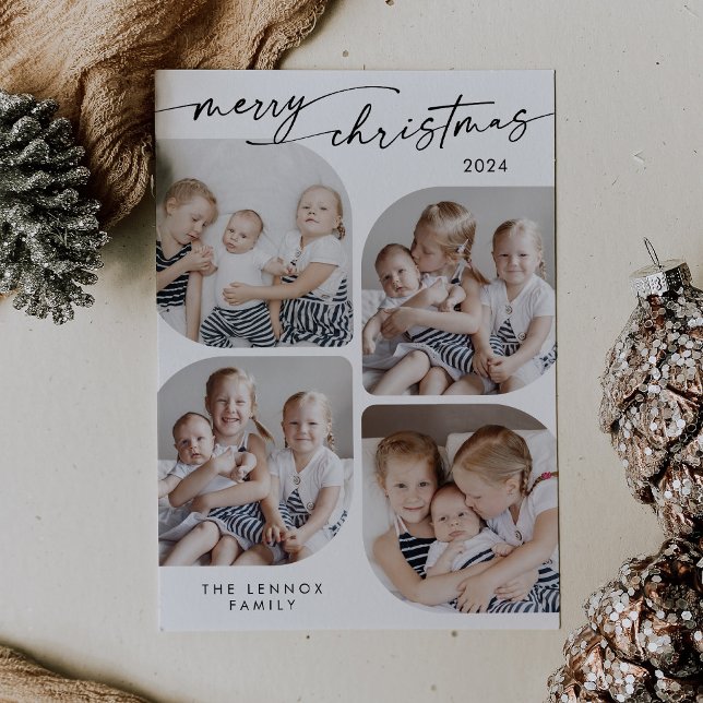 Boho Chic Black White Family Multi Photo Christmas Holiday Card (Creator Uploaded)